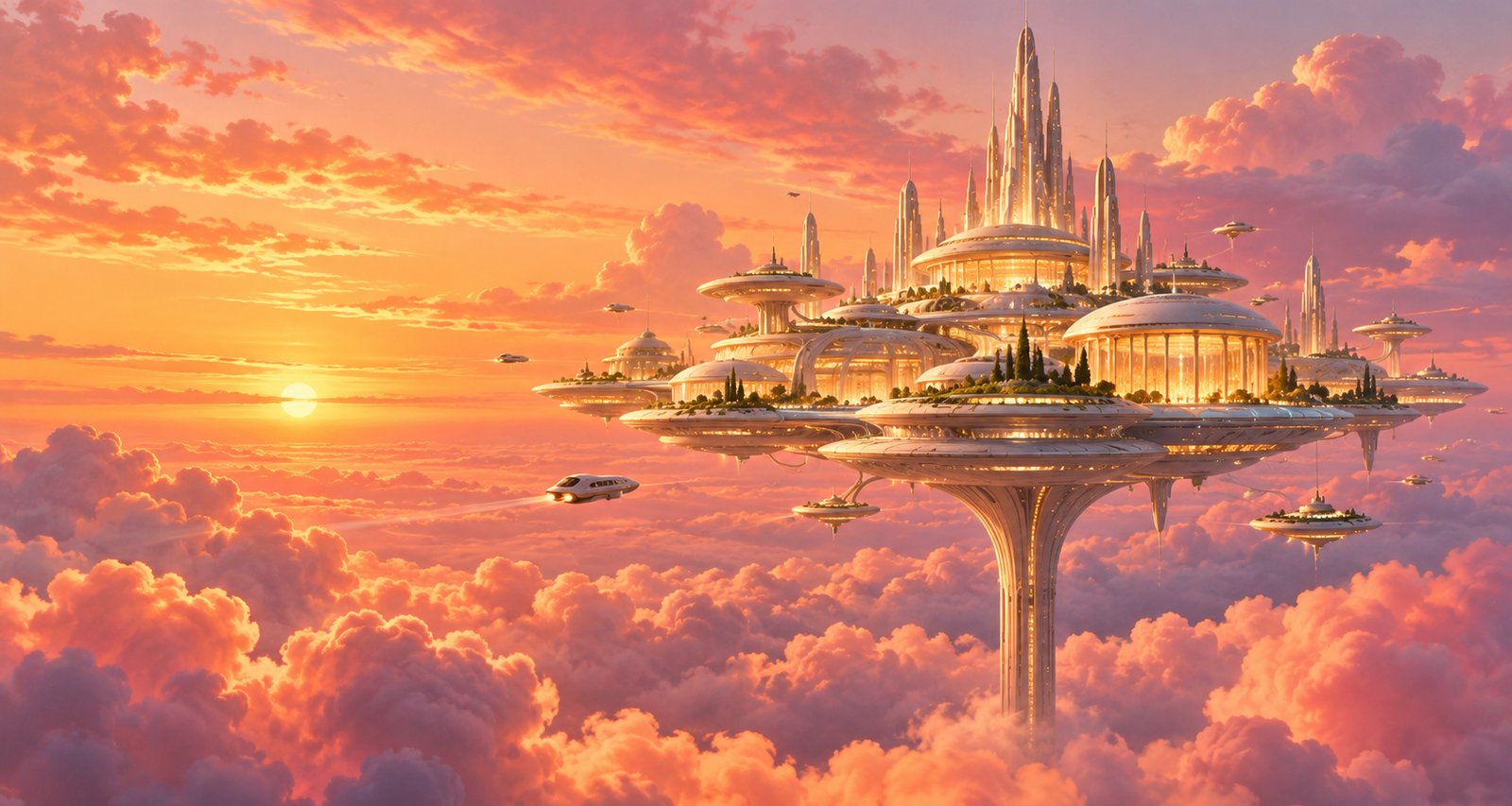 A futuristic city on a slender stalk above a sea of clouds at sunset: white and golden domes and spires, with small shuttles flying between the platforms.